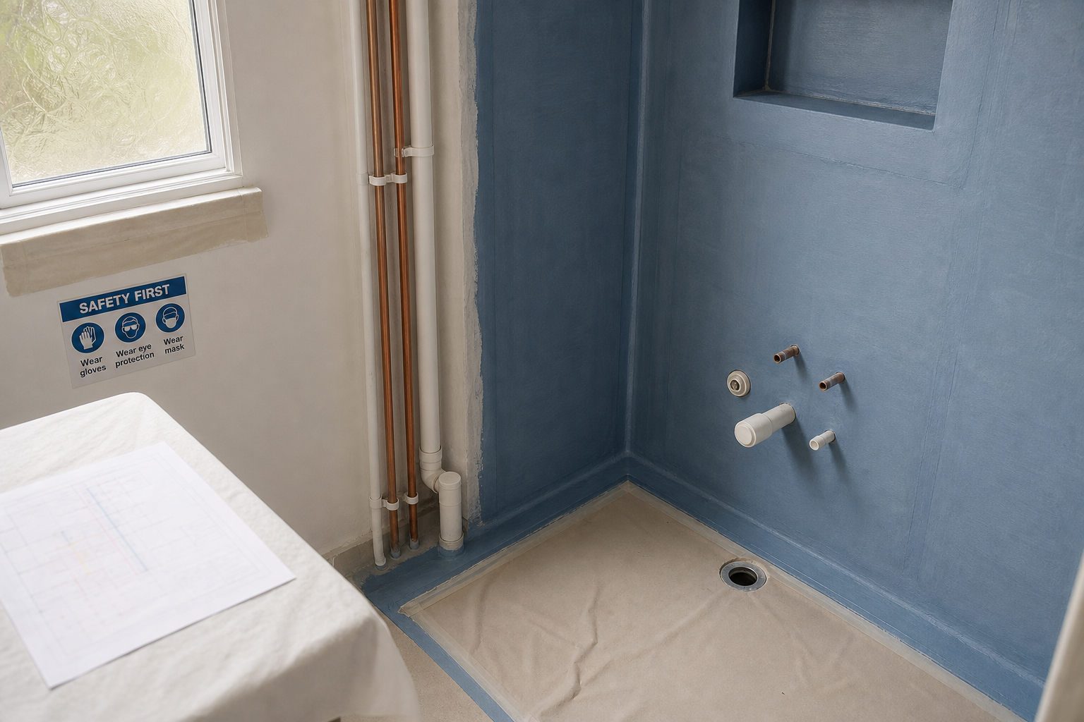 A partially built shower area with blue waterproofing and visible pipes, next to a window and a safety sign.