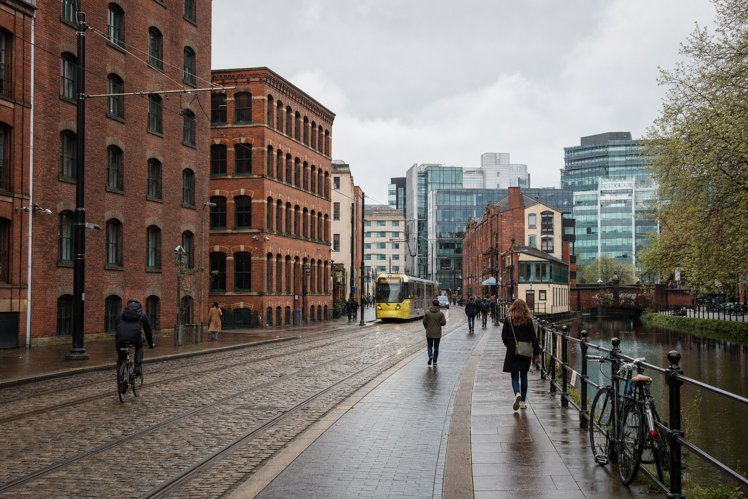 A rainy city street with people walking, a cyclist, and a yellow tram, flanked by red brick and modern buildings.