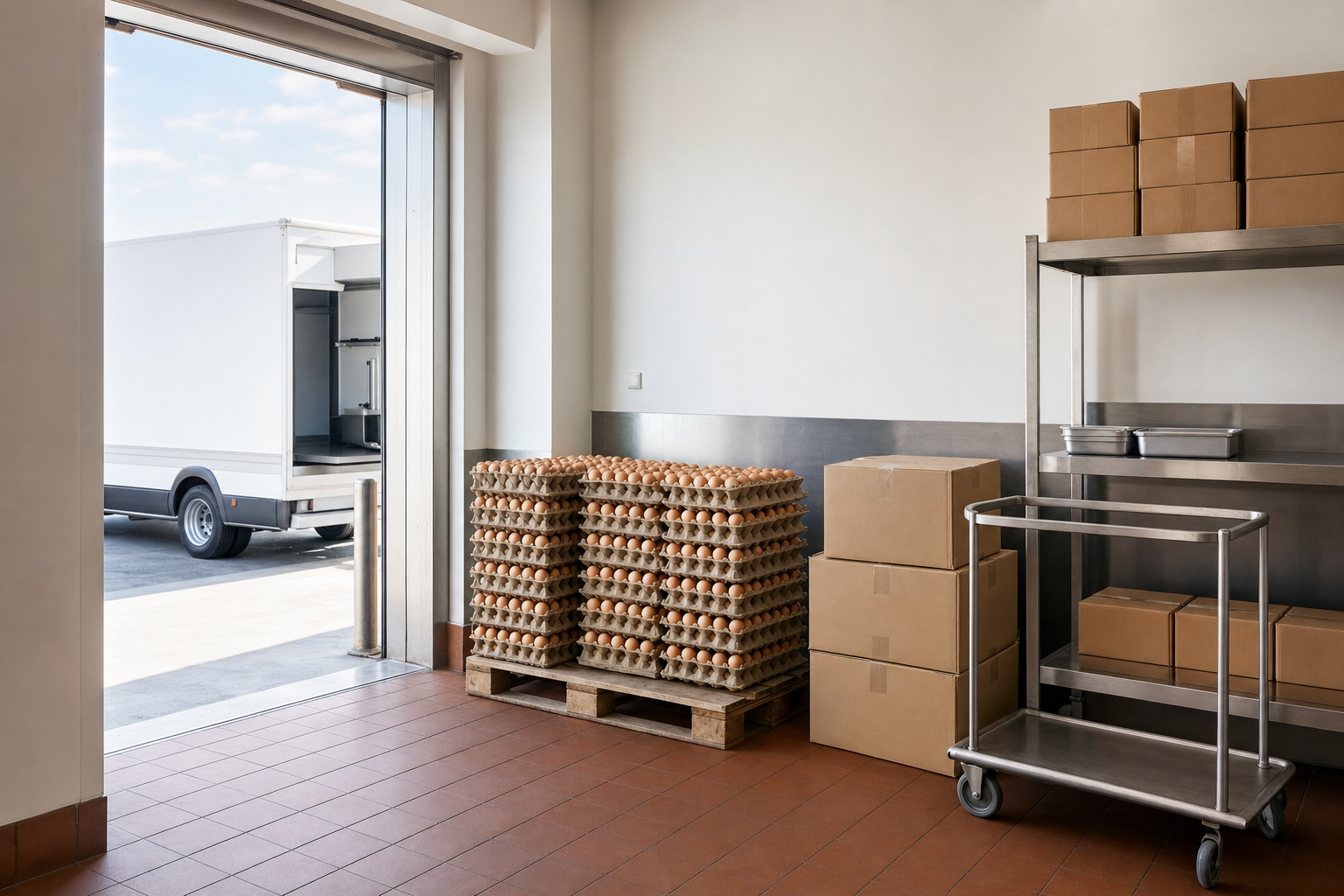 A stack of egg trays on a pallet near cardboard boxes in a loading area with an open delivery truck outside.