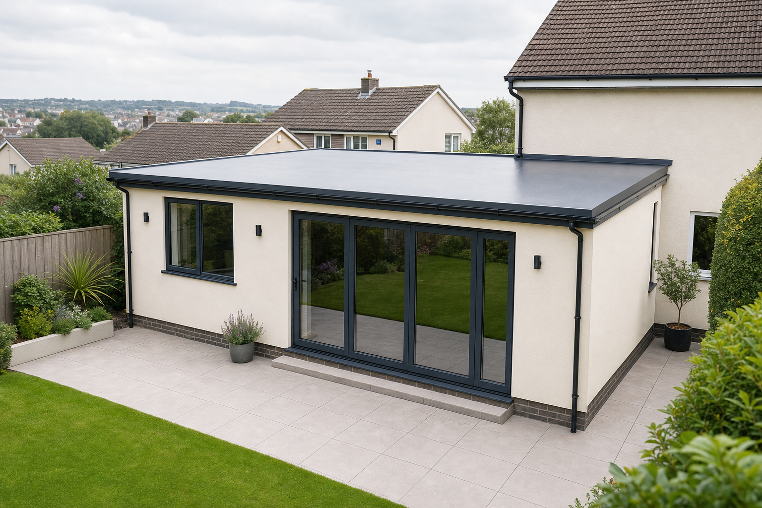 Modern bungalow extension with large glass doors overlooking a neatly landscaped garden.