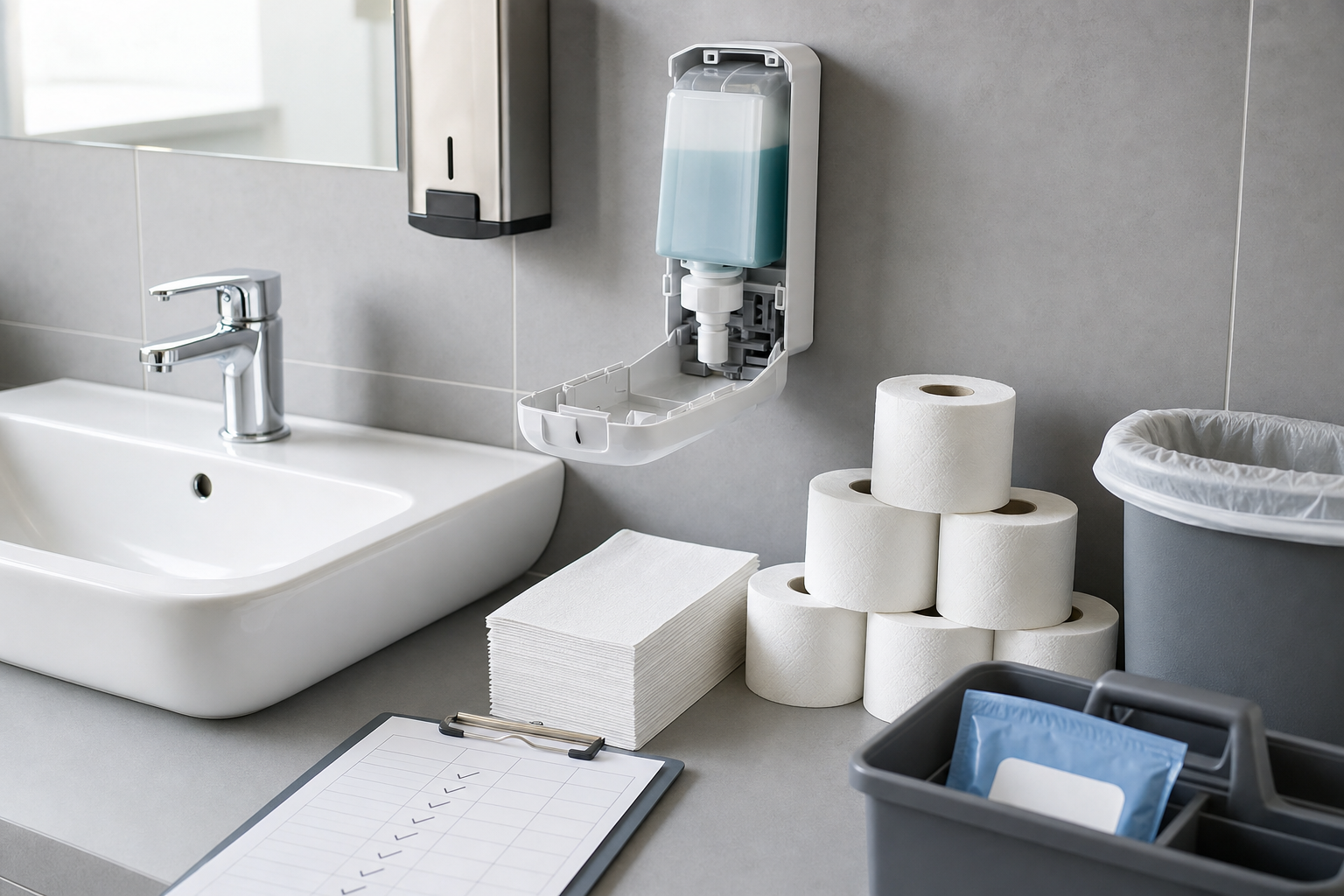 A clean bathroom counter with a closed soap dispenser, sink, and neatly arranged stacks of toilet rolls and paper towels.