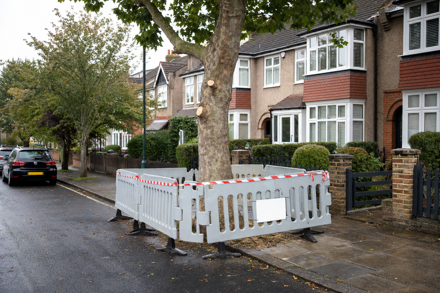 A tree on a residential street is enclosed by temporary barriers for maintenance or protection.