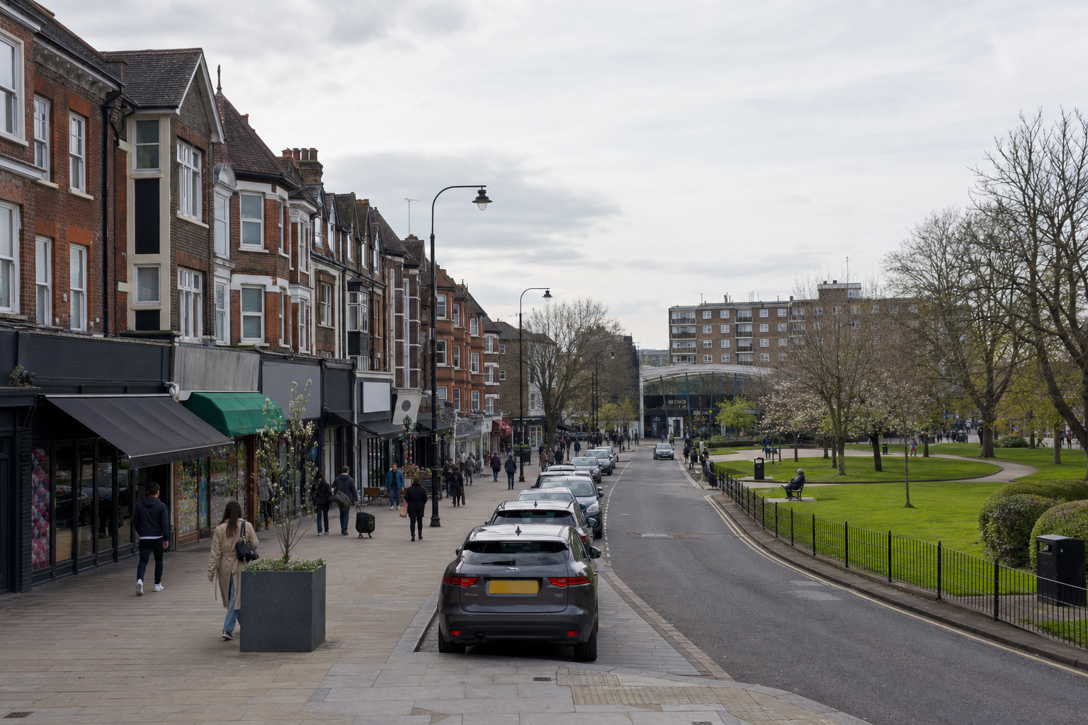 A busy street scene with people walking along shops and cars parked, adjacent to a green park in an urban area.