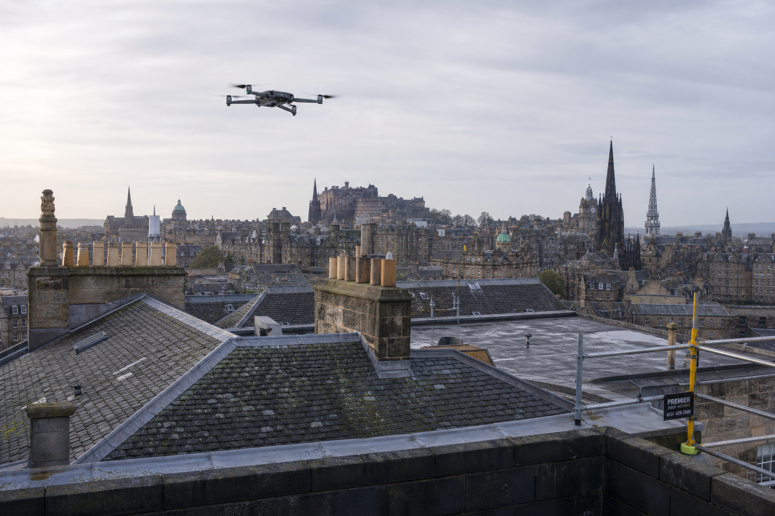 A drone hovers over city rooftops with Edinburgh Castle and spires visible in the background.