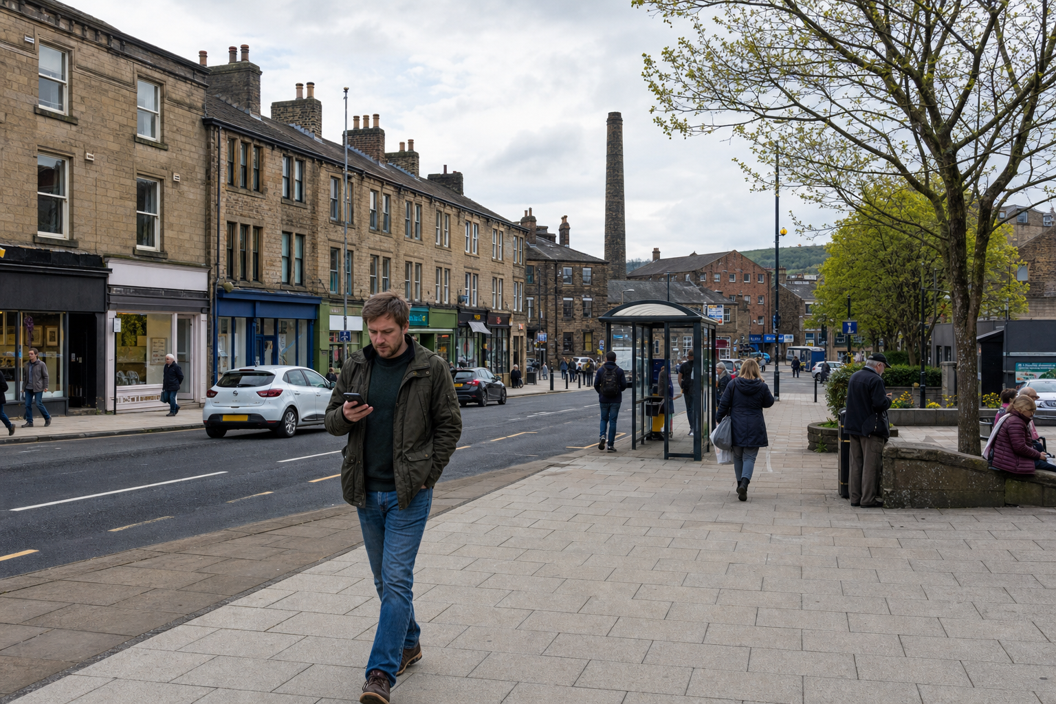 A man walks down a town street checking his phone, with shops, people, and a bus stop nearby.