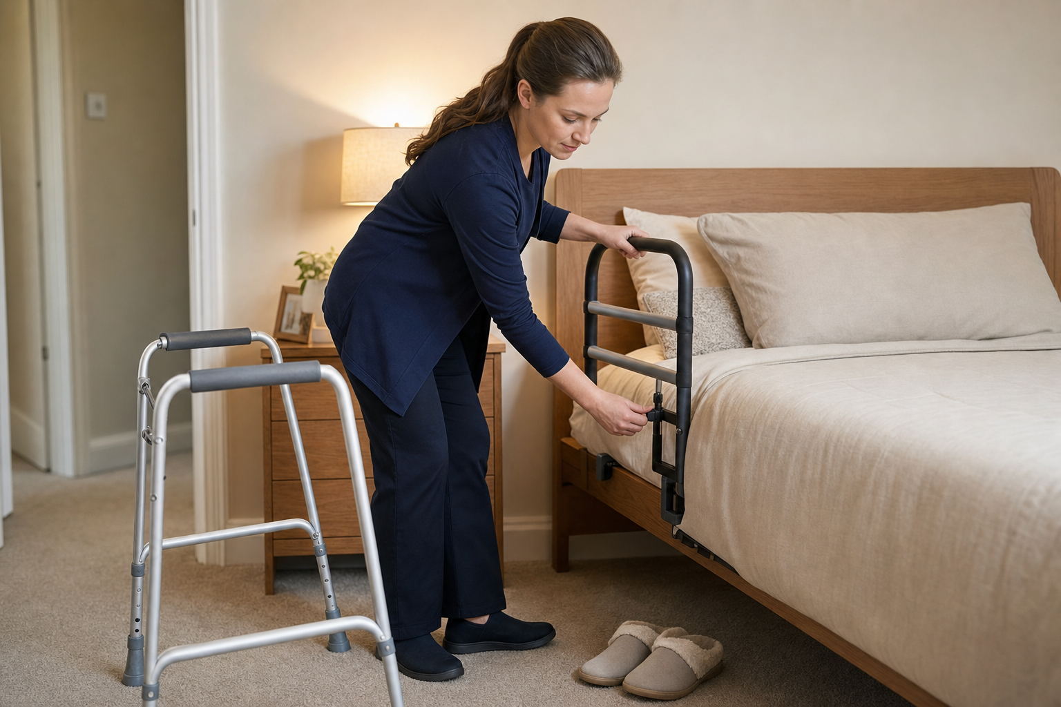 A woman adjusts a bed rail beside a walker in a tidy bedroom.