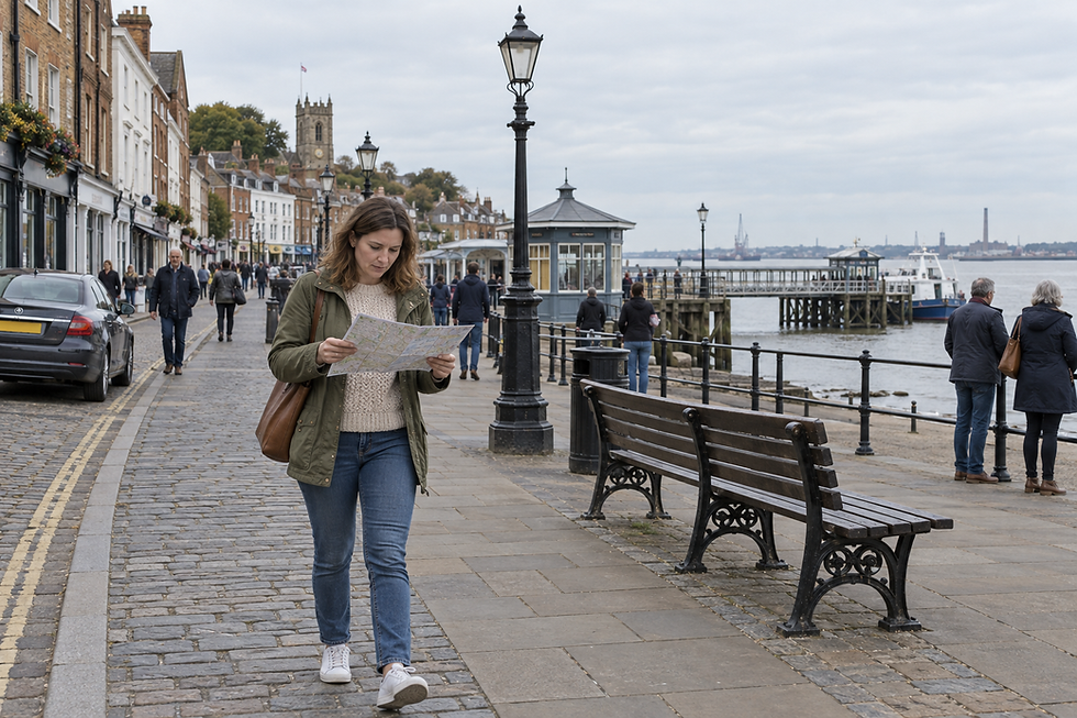 A woman looks at a map whilst walking along a cobbled riverside street with people and shops in the background.