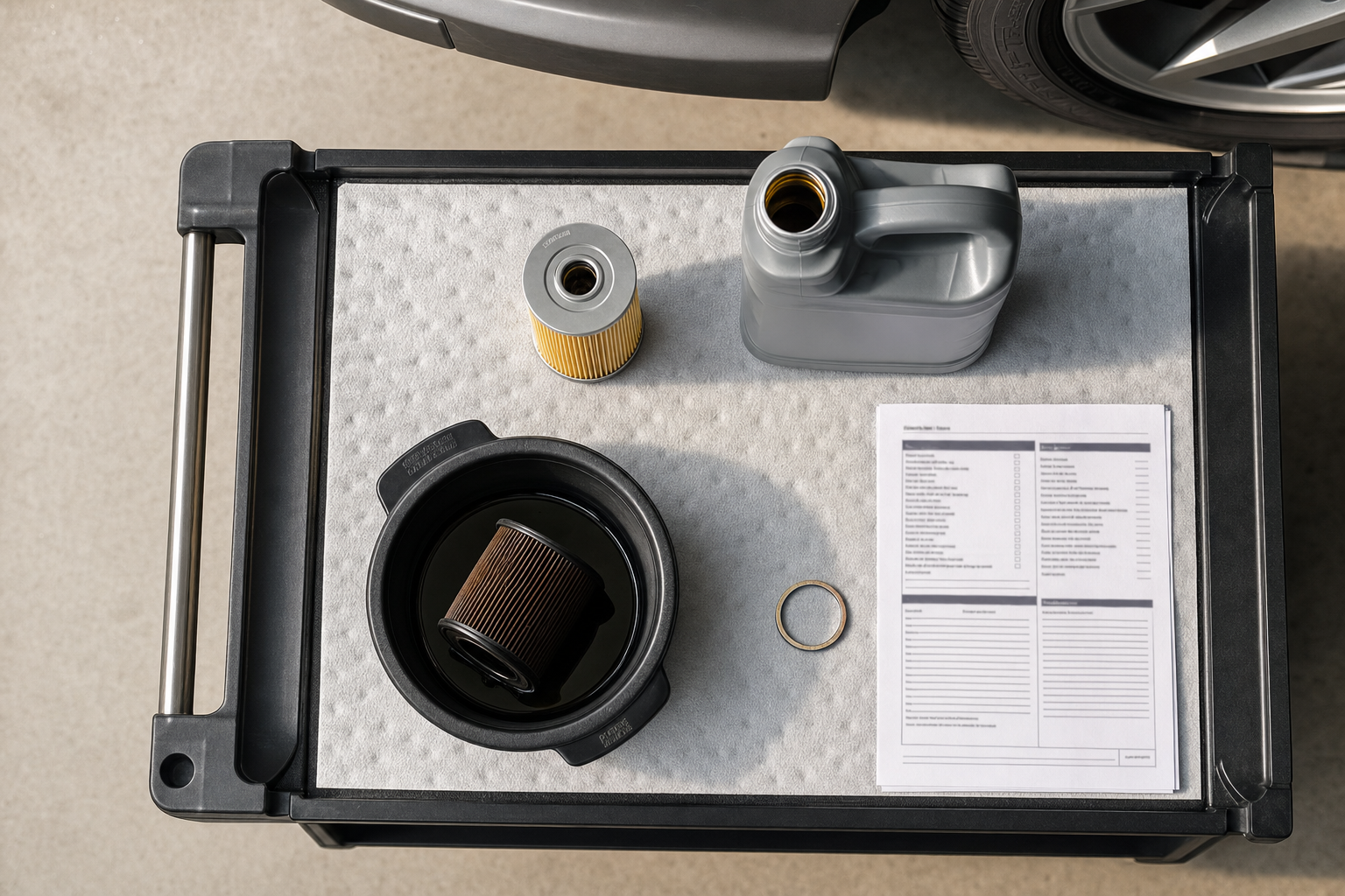 Car maintenance items on a trolley, including filters, engine oil, and a service checklist.