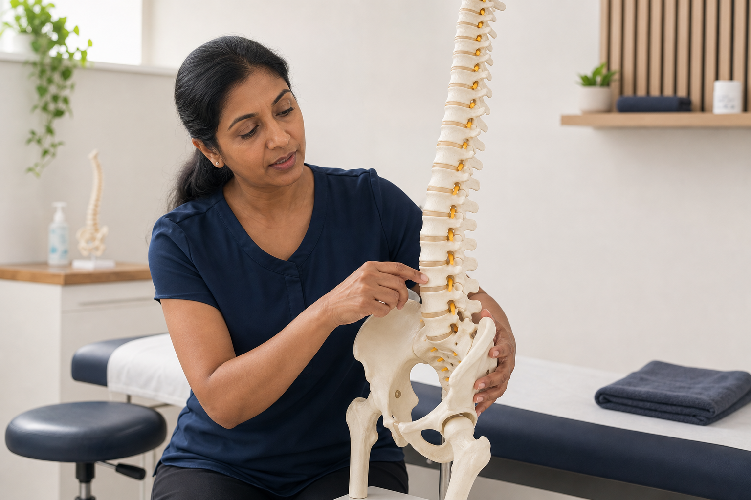 A woman in navy scrubs explains a human spine model in a clinical setting.