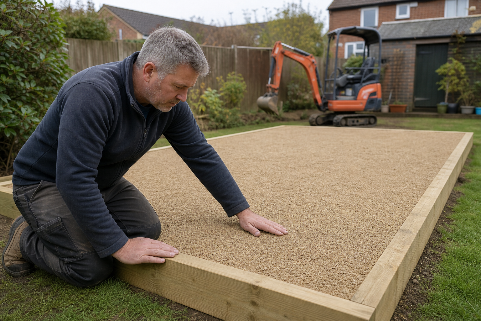 A man kneels to smooth gravel within a wooden frame in a garden, with a small orange digger in the background.