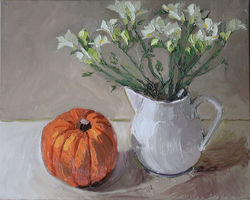 White freesias in a white jug with pumpkin 16x20 inches