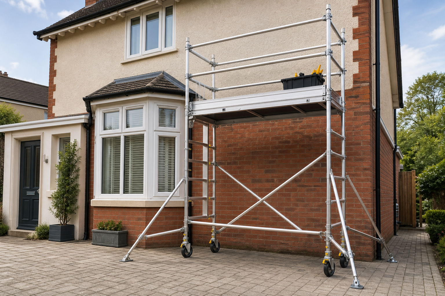 Portable scaffolding set up in front of a brick house for maintenance work.
