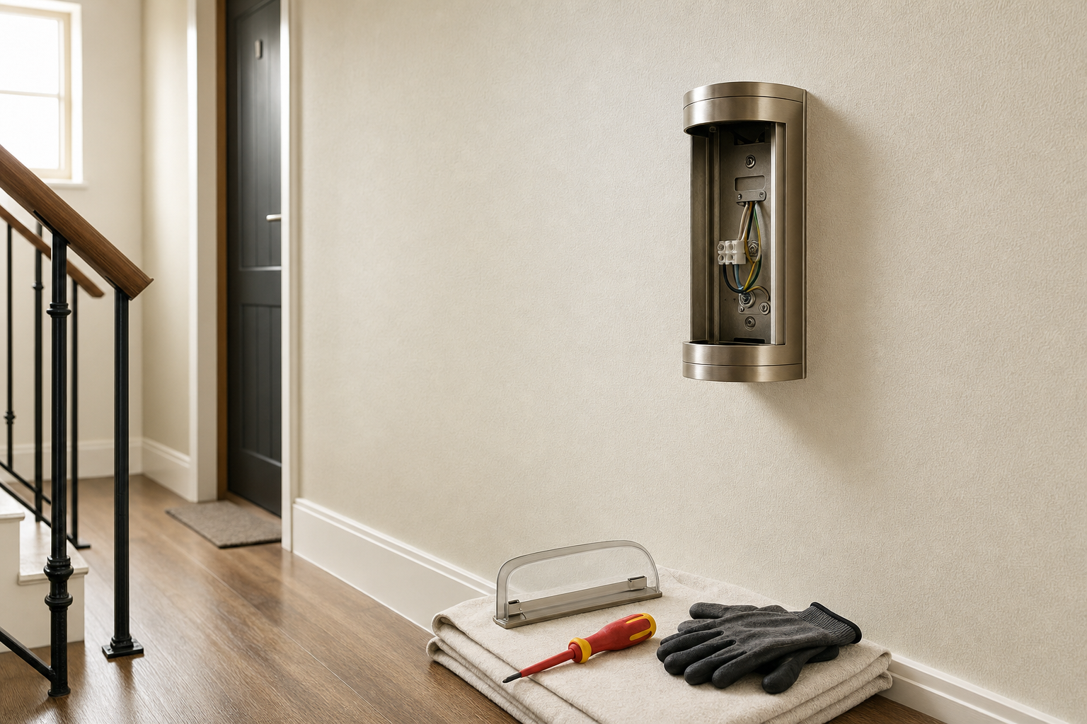 An open light fixture on a beige wall in a hallway, with tools and gloves placed on a cloth nearby.