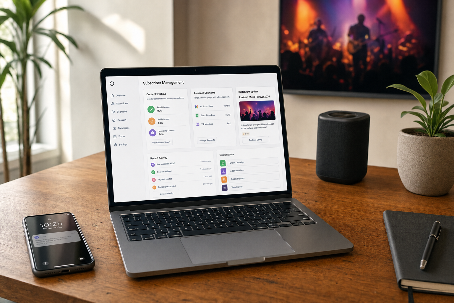 A laptop displaying a subscriber management dashboard is placed on a wooden desk alongside a smartphone and a notebook.