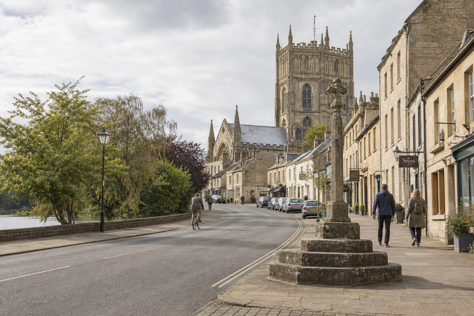 A cyclist and pedestrians on a quaint street with historic stone buildings leading to a grand church under cloudy skies.