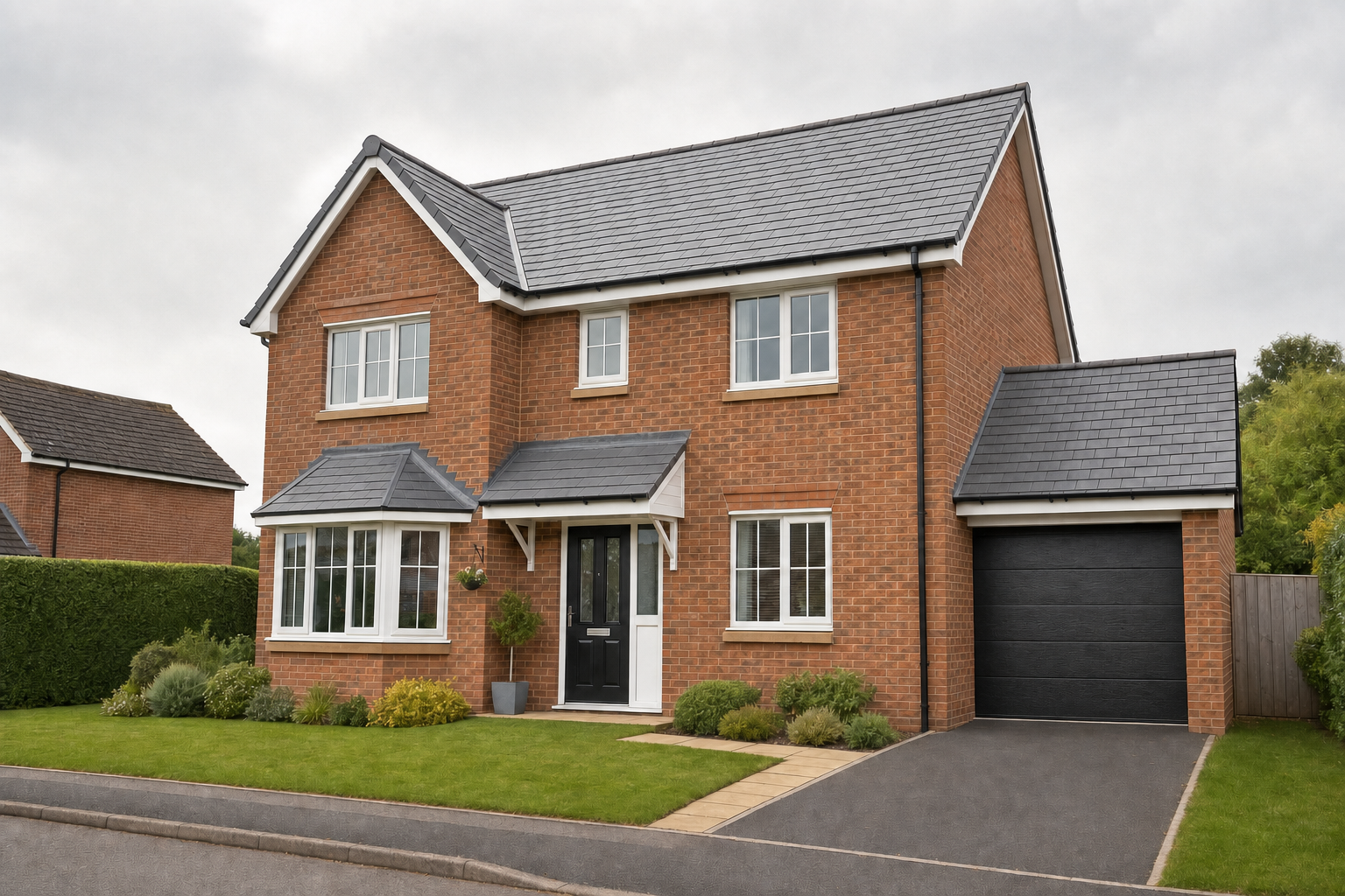 Two-storey brick house with a black door, garage, and front garden under an overcast sky.