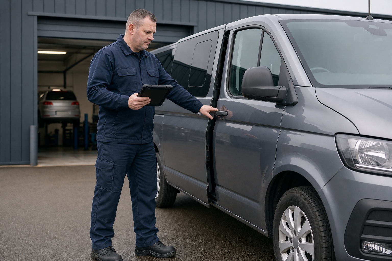 Mechanic in blue overalls carrying a tablet inspects a grey van outside a garage.