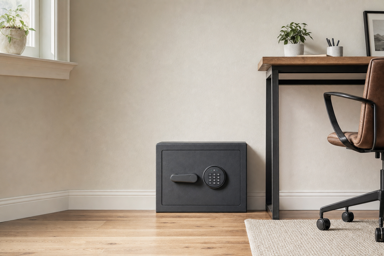 A black safe with a digital keypad is placed on the wooden floor next to a home office desk and chair.