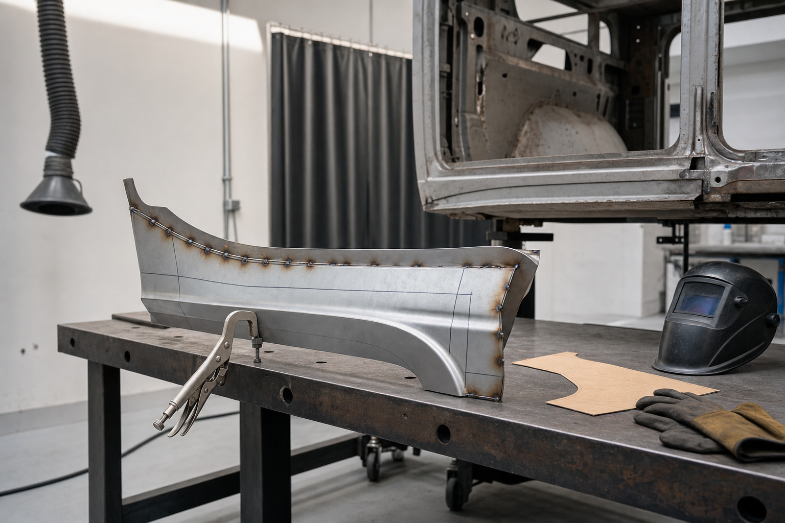 Metal fabrication setup with a welded car panel on a workbench, accompanied by a welding helmet and gloves.