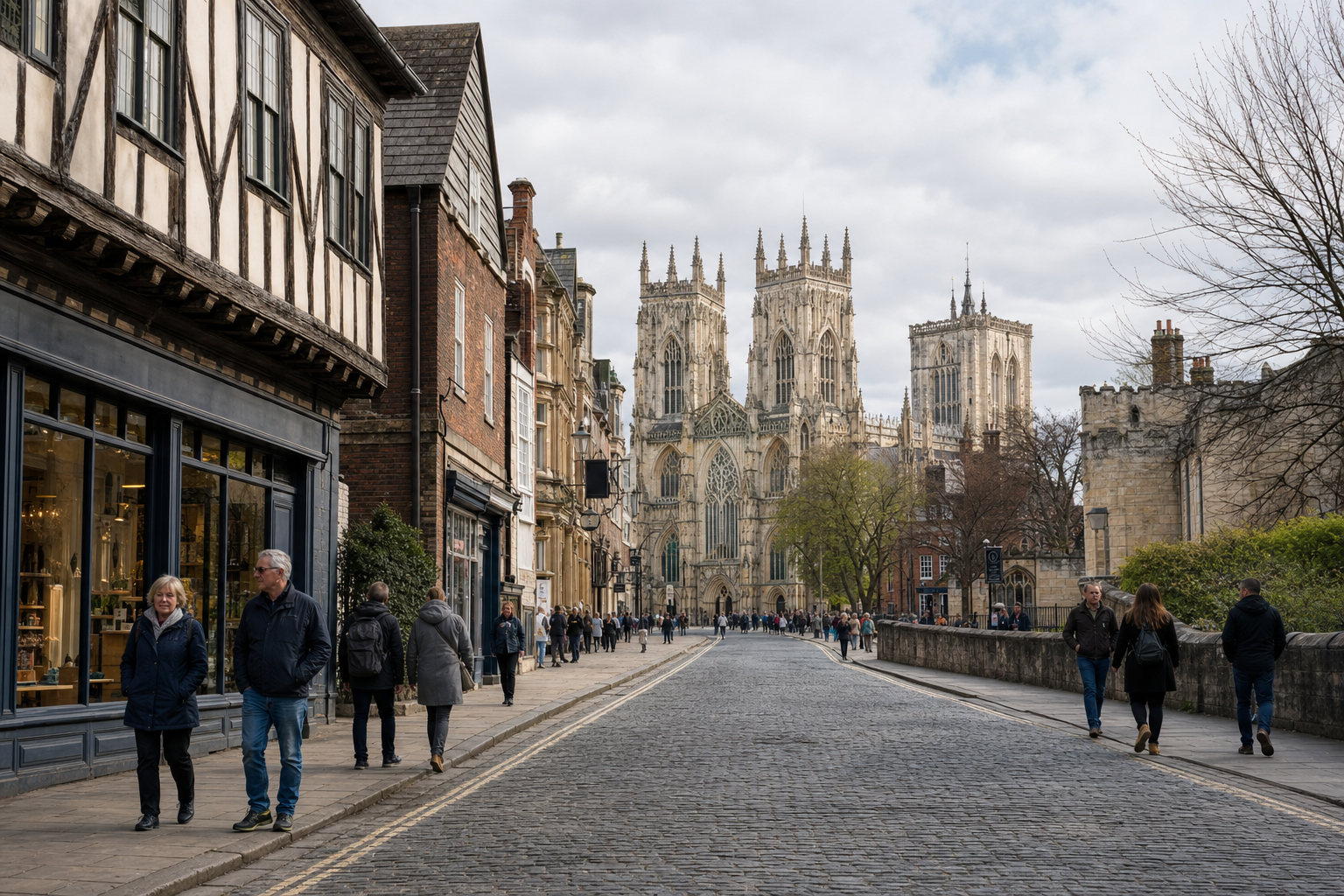 York Minster towers over pedestrians walking along a cobblestone street lined with historic buildings.