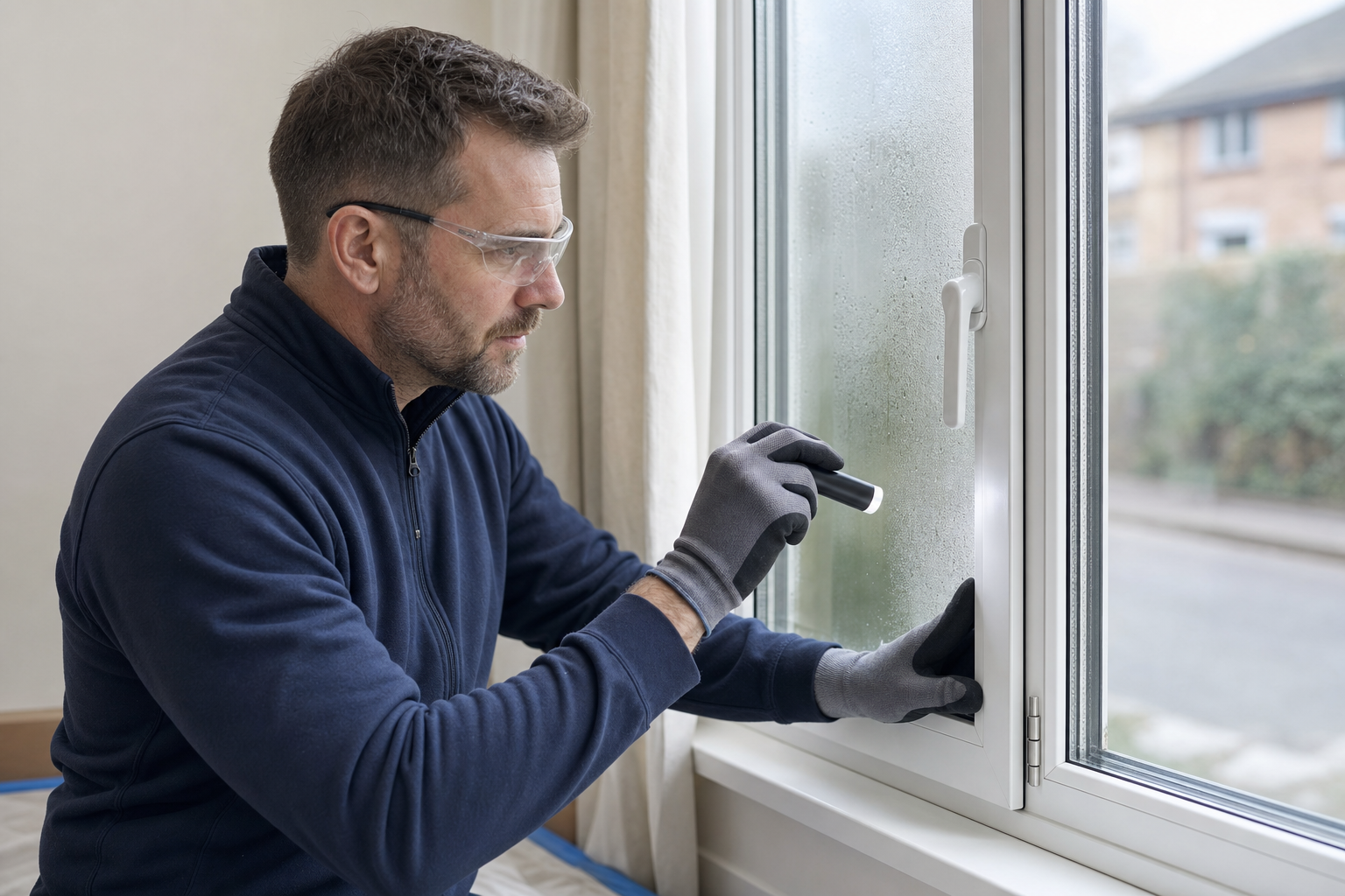 A man wearing safety goggles inspects a double-glazed window for condensation or moisture issues.