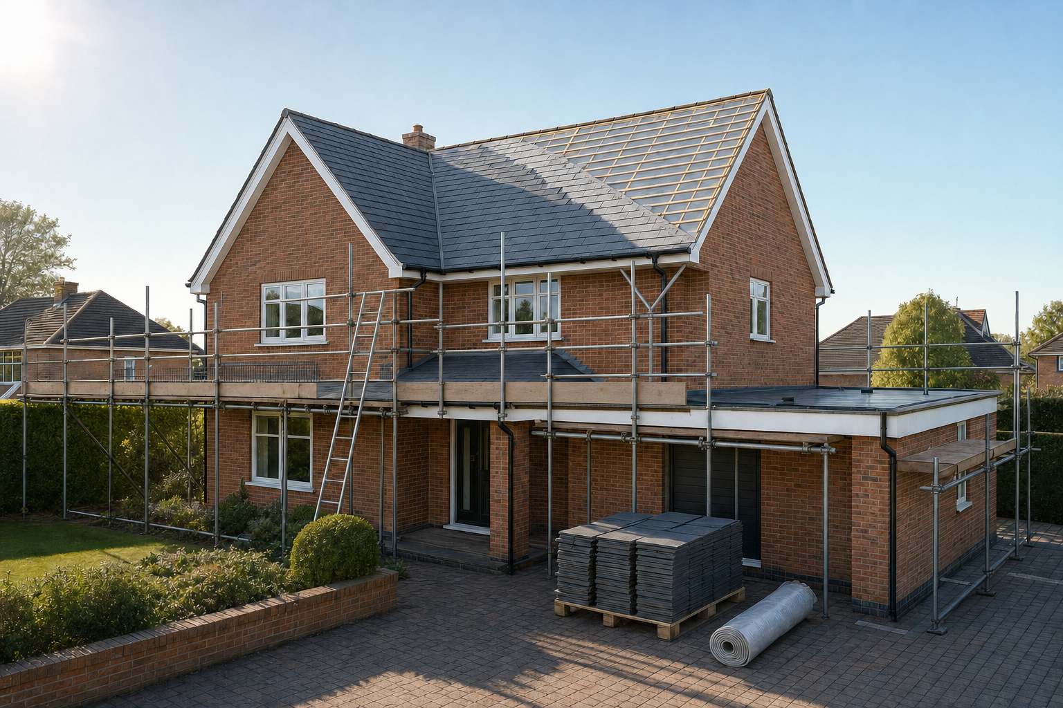 Red brick house with scaffolding set up for roof renovation under a clear blue sky.