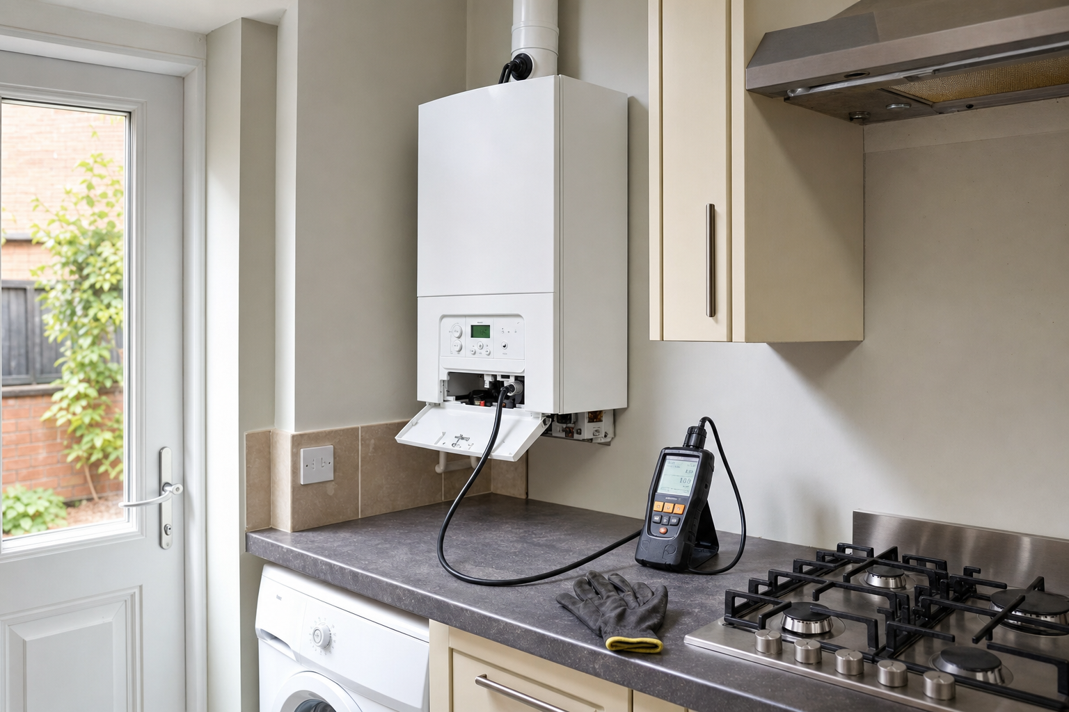A modern kitchen shows a wall-mounted boiler undergoing maintenance with diagnostic tools and gloves on the counter.