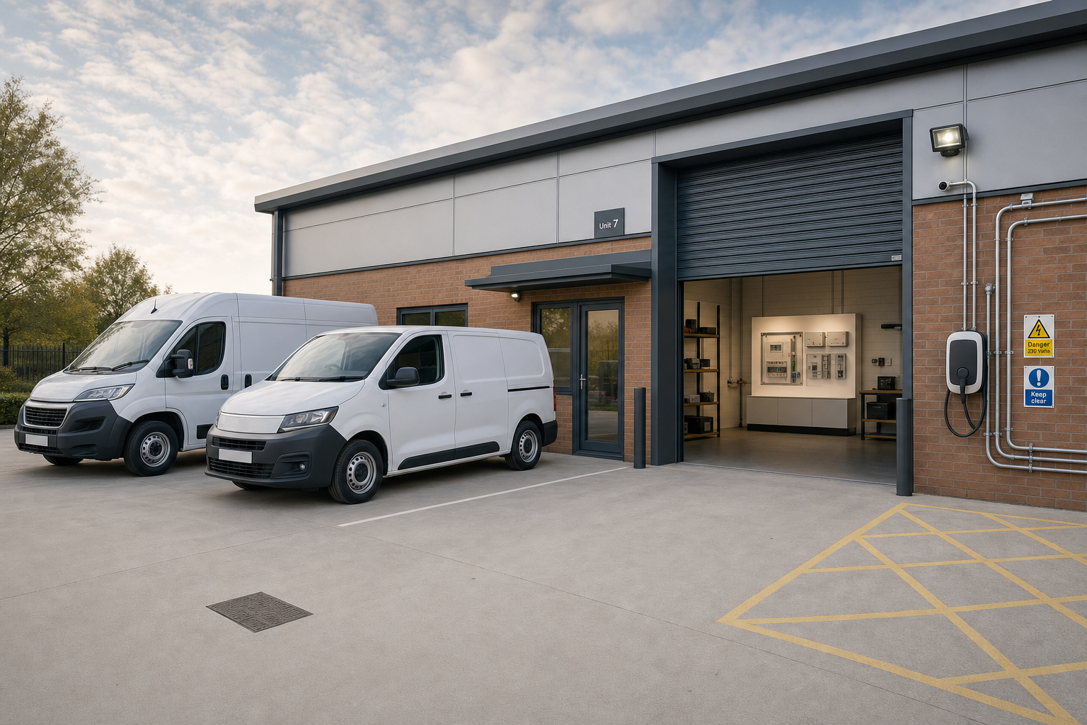 Two white vans parked outside an industrial unit with an open garage and electrical equipment visible inside.