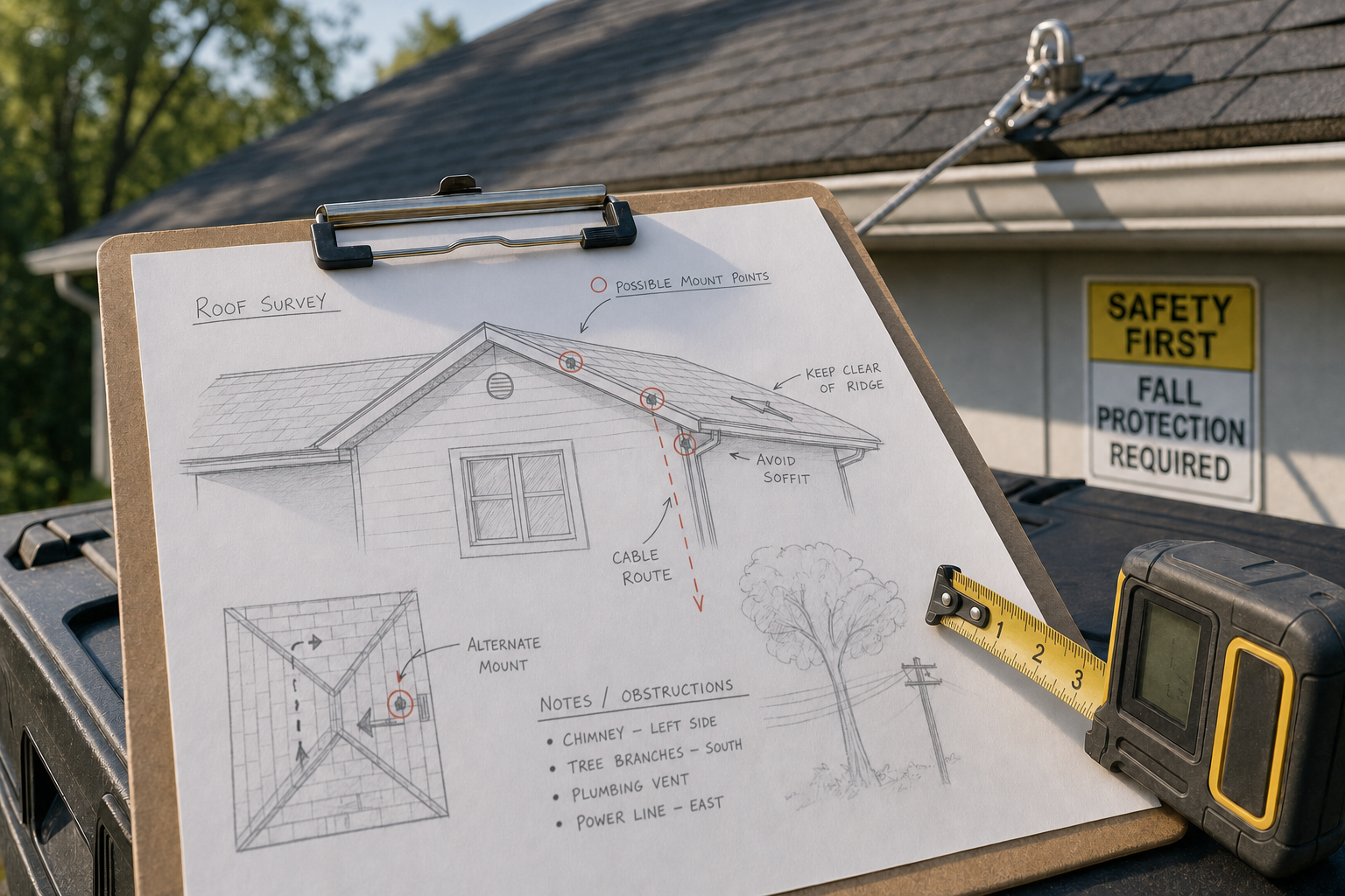 A roof survey drawing on a clipboard with a tape measure nearby, against a background with a safety sign.