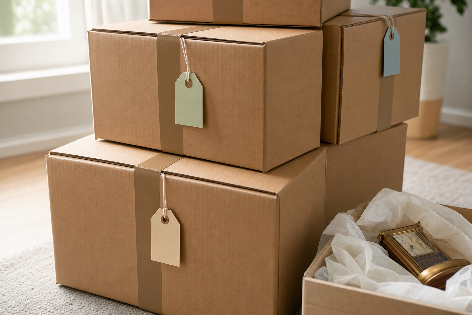 Stacked cardboard boxes with blank tags next to an open box containing a mantel clock wrapped in tissue paper.