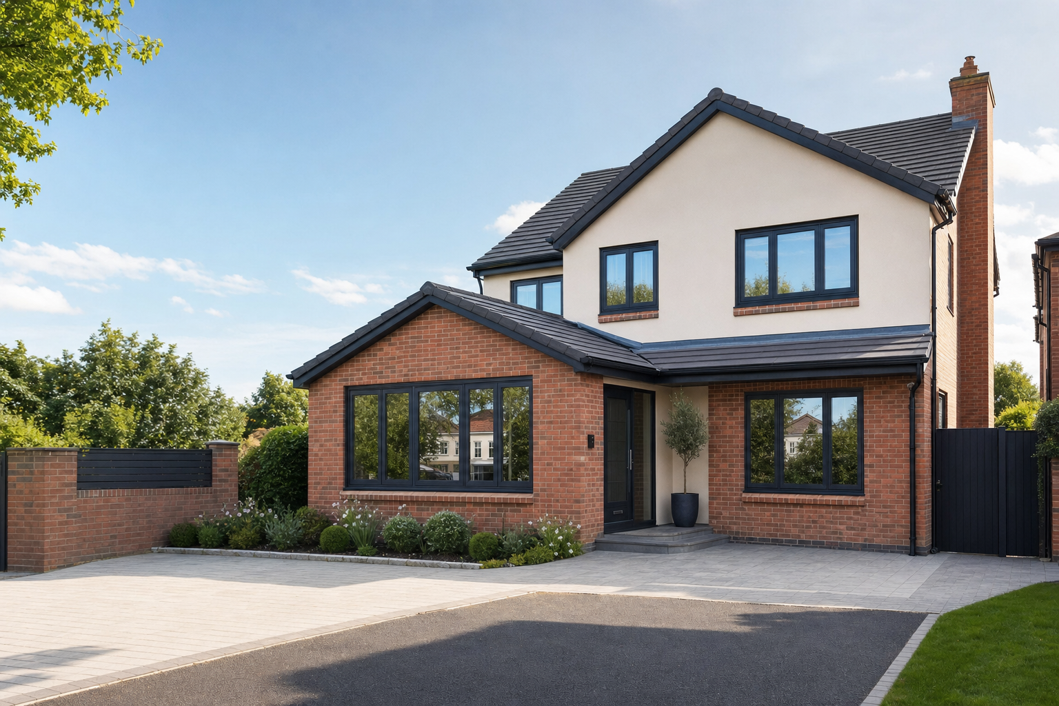 Modern two-storey house with a brick facade, large windows, and a paved driveway on a sunny day.