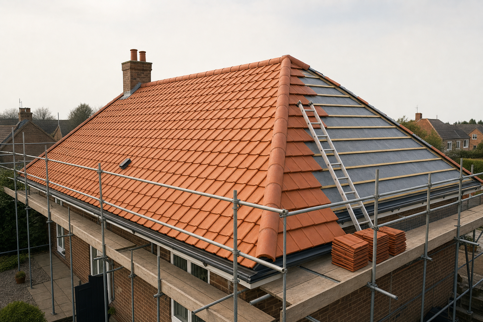 A partially tiled house roof under construction with scaffolding and a ladder in place.