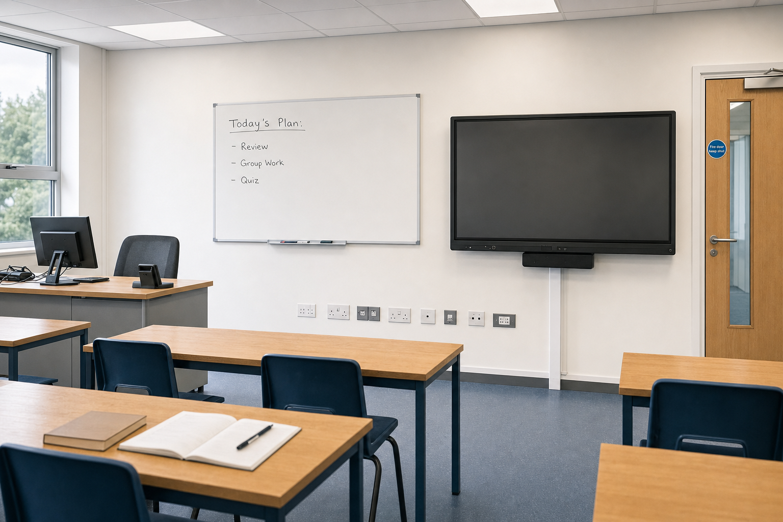 A modern classroom with a whiteboard displaying the day's plan and a large interactive screen near a desk and chairs.