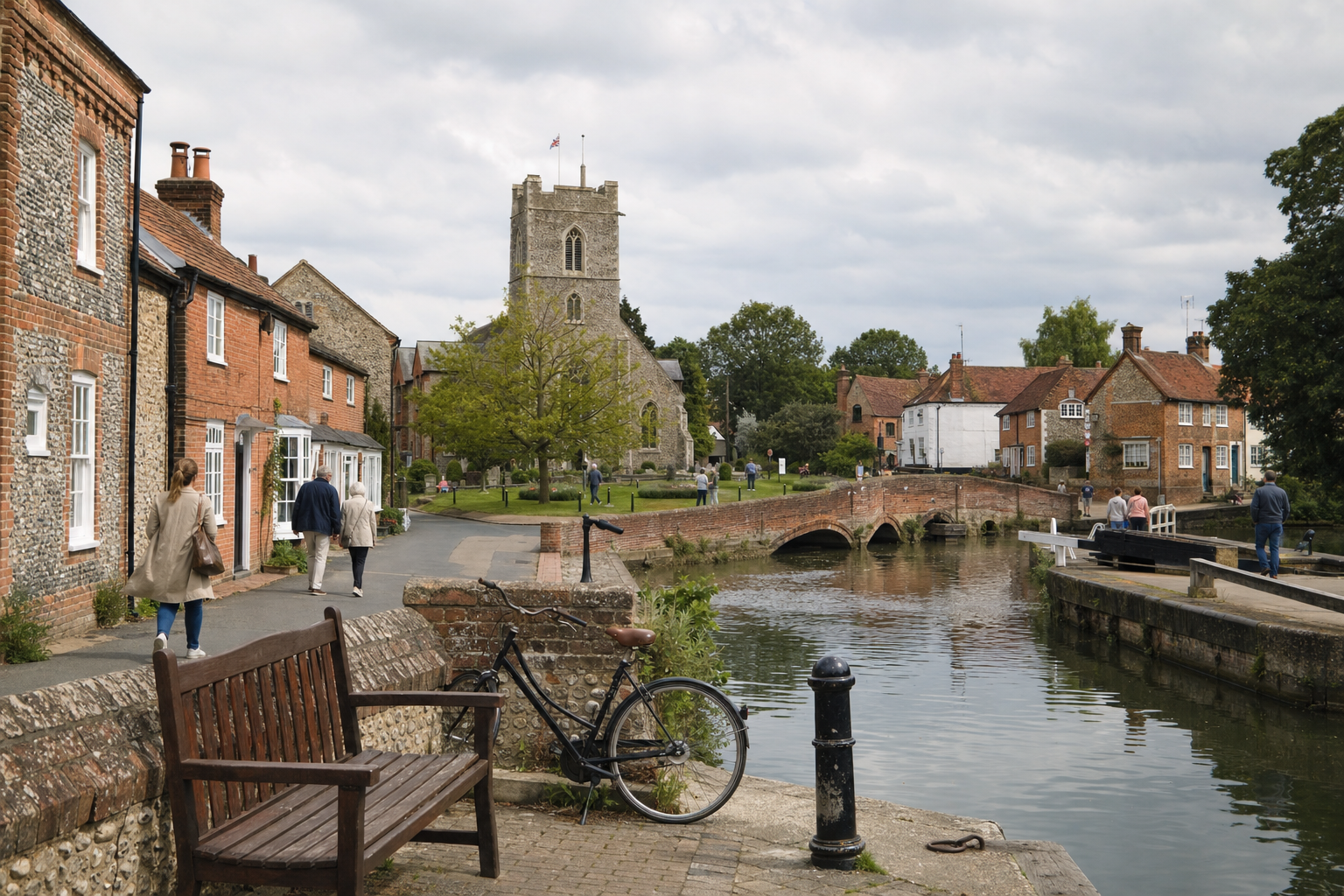 Quaint village scene featuring a historic church, stone bridge, and river with a bicycle and bench in the foreground.