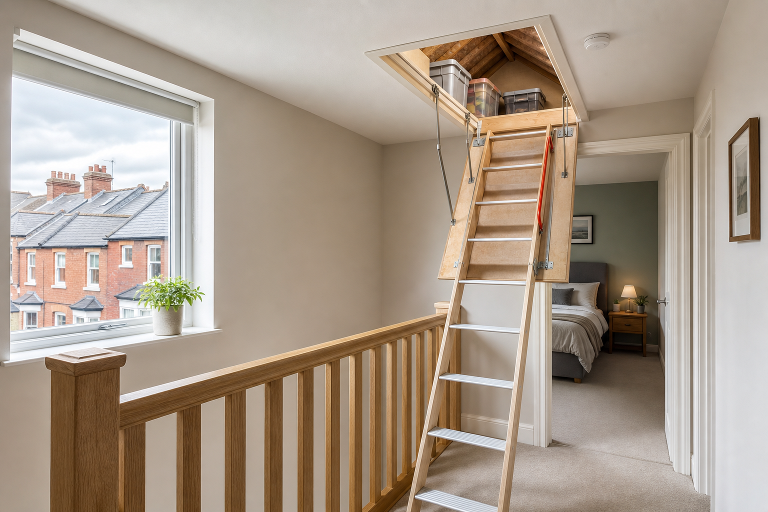 A retractable loft ladder extends from the ceiling in a hallway with a window overlooking brick houses.