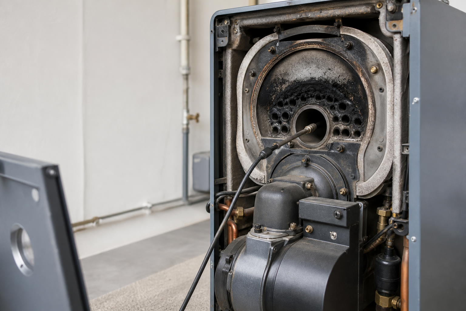 Open gas boiler with internal components exposed in a utility room.