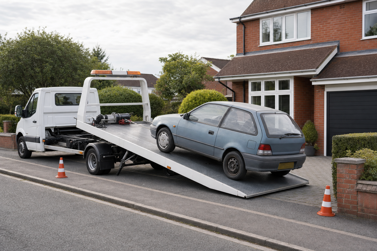 A blue car being loaded onto a tow truck in front of a suburban house.