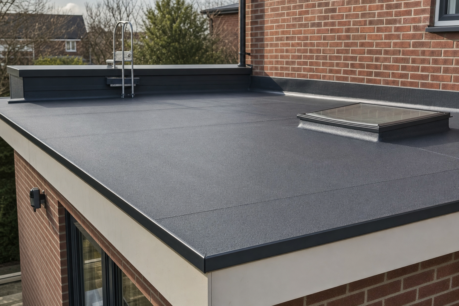 A flat roof with a skylight, surrounded by a brick wall and a ladder for access.