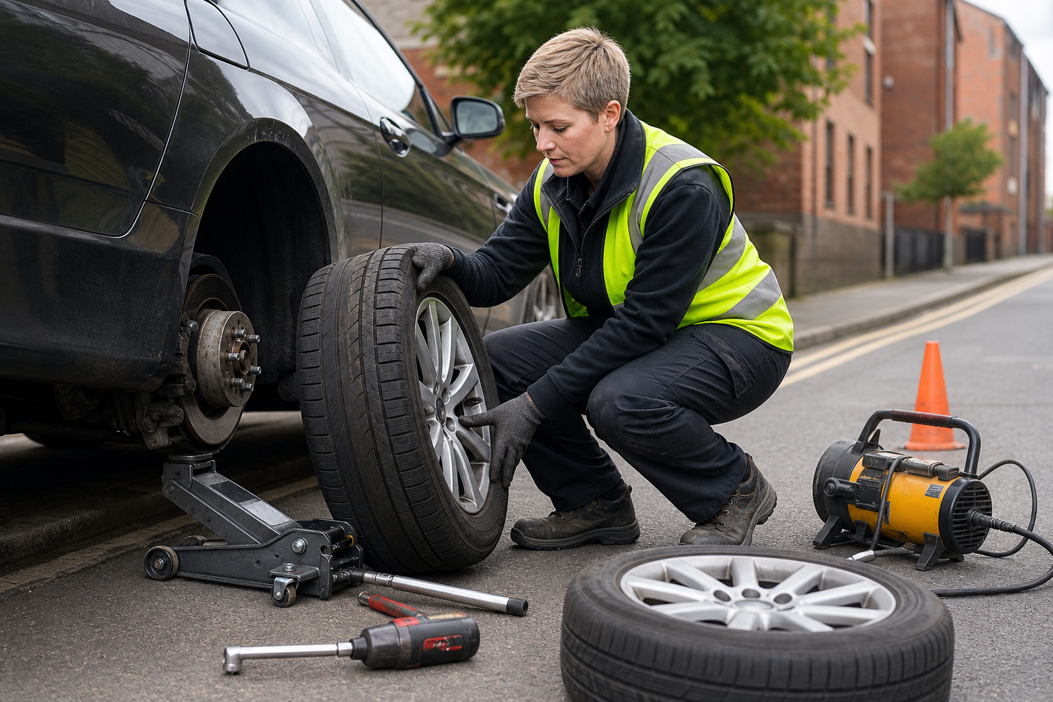 Person changing a car tyre on a street using a jack and tools.