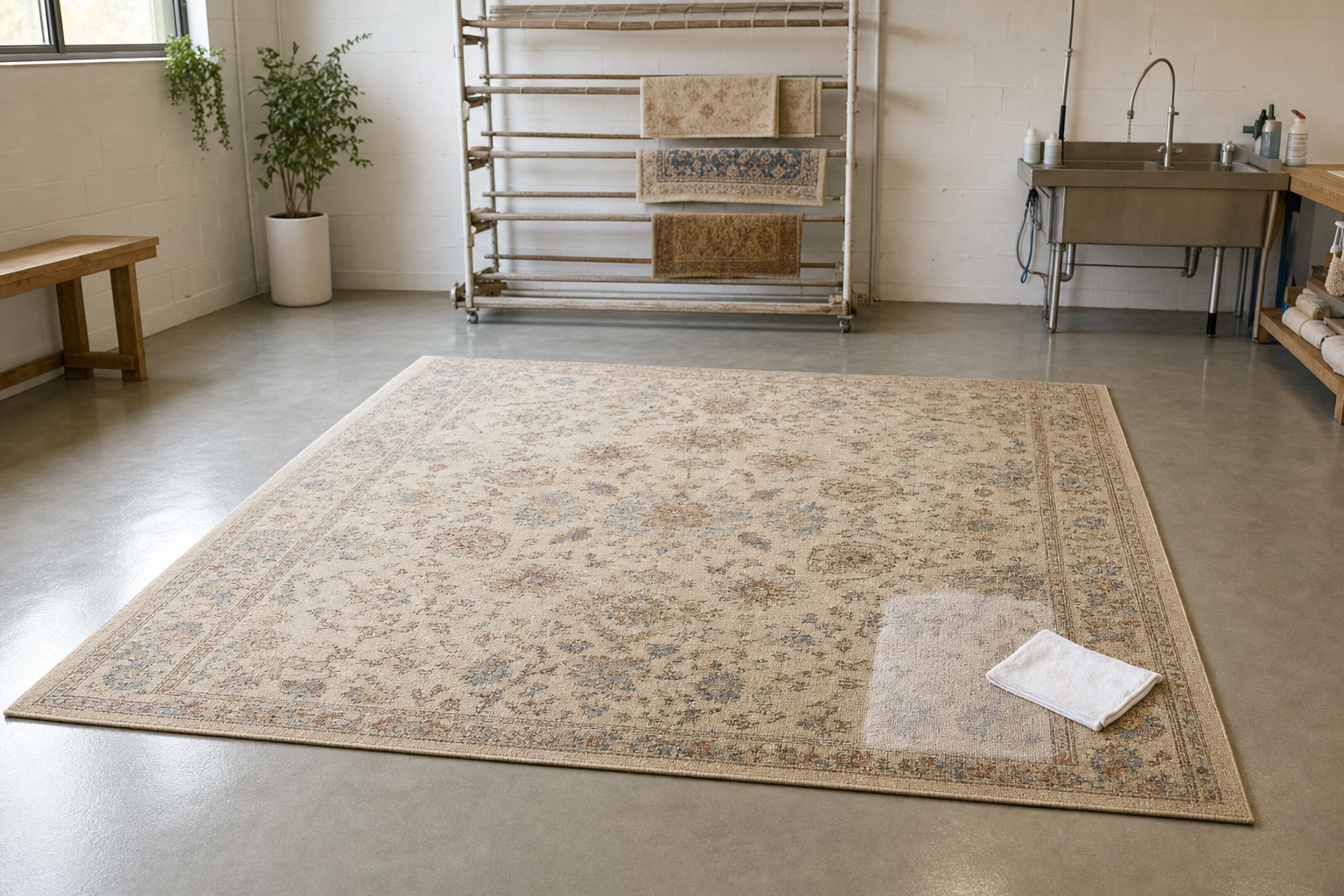 Detailed patterned rug on a polished floor with a cleaned patch and white cloth on its corner, next to a drying rack.