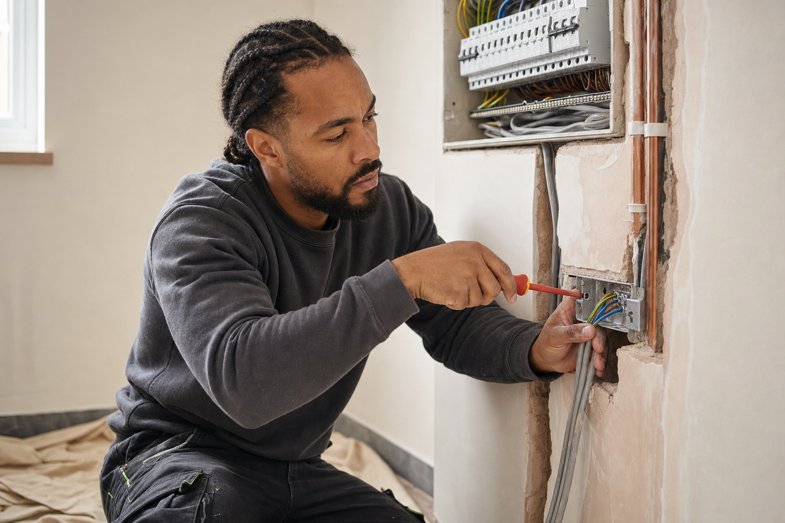 Electrician working on wiring inside an open wall panel with a screwdriver.