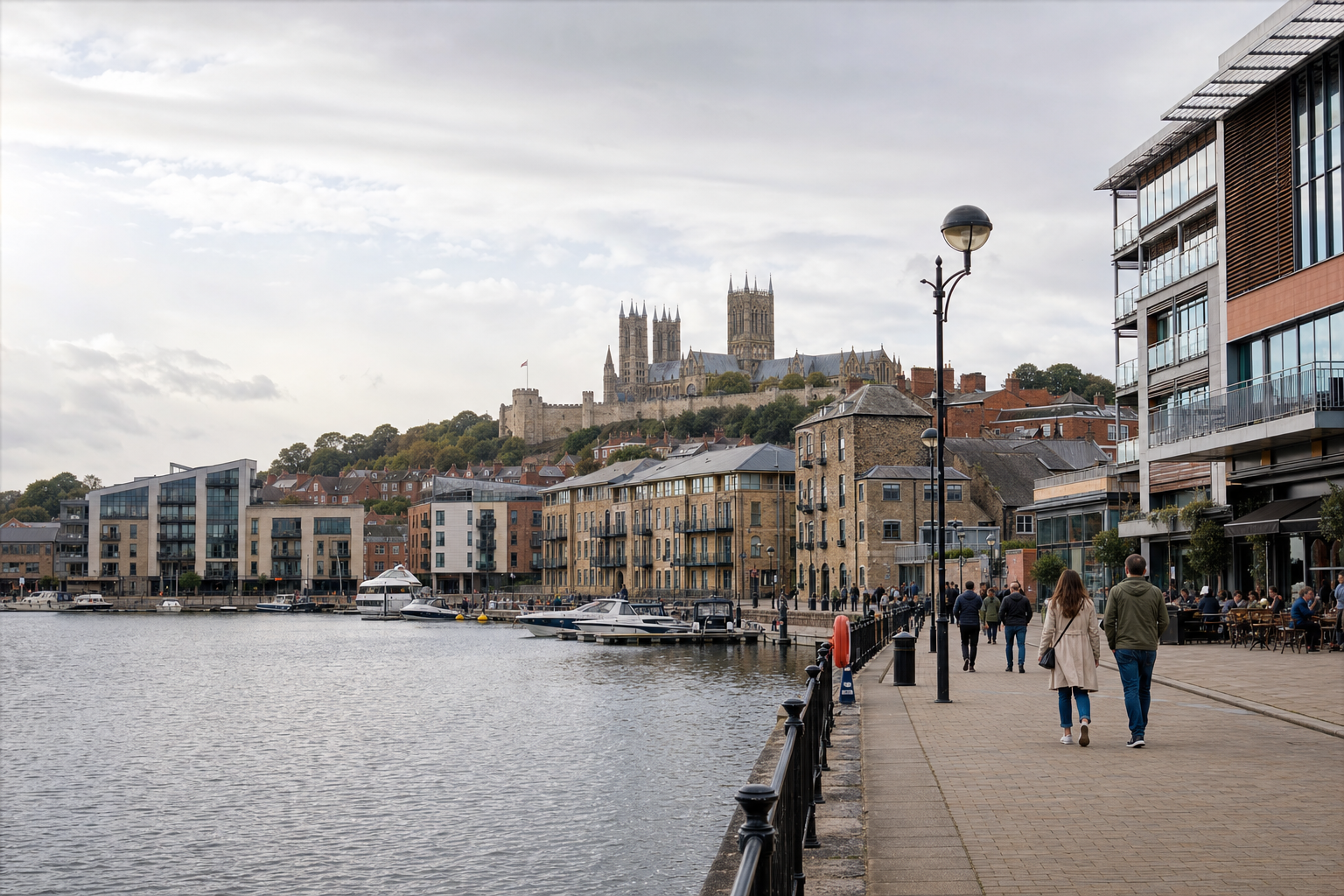 Riverside promenade lined with modern buildings and cafes, with a historic cathedral visible in the background.