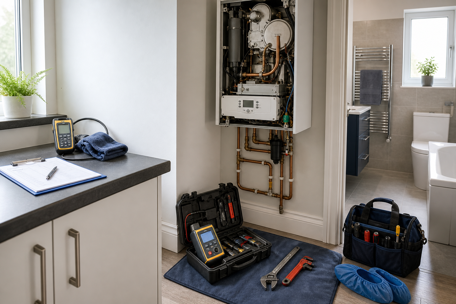 A tidy boiler room setup with tools and instruments ready for maintenance work.