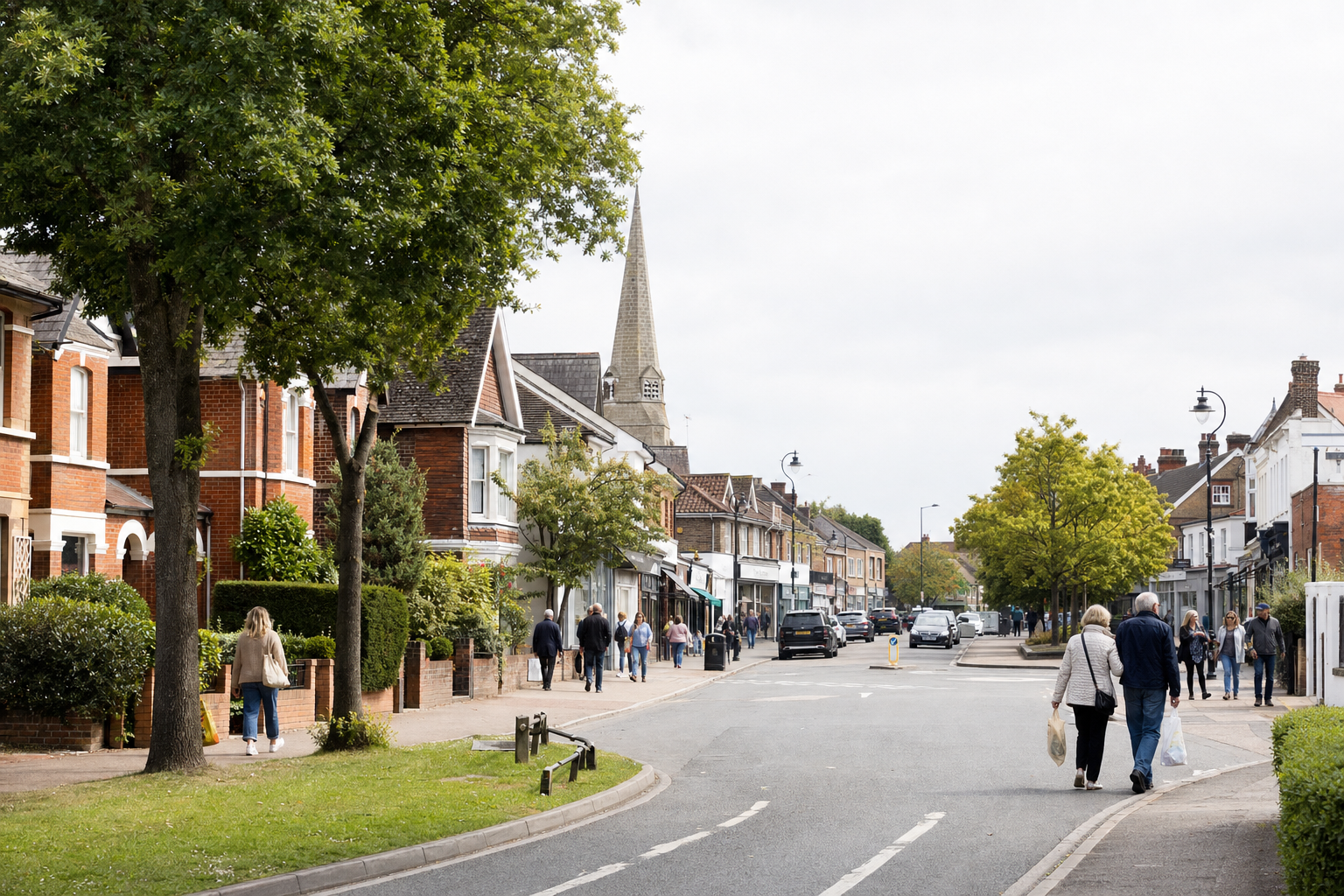 People walking along a tree-lined street with shops and houses, and a church spire in the background.