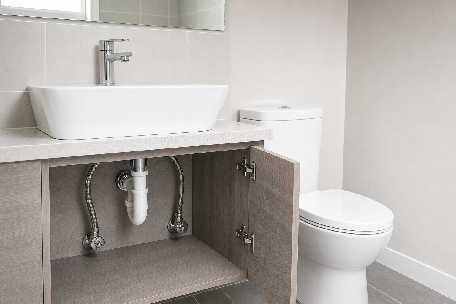 Modern bathroom with a white sink atop a vanity, open cabinet showing plumbing, and a toilet beside it.