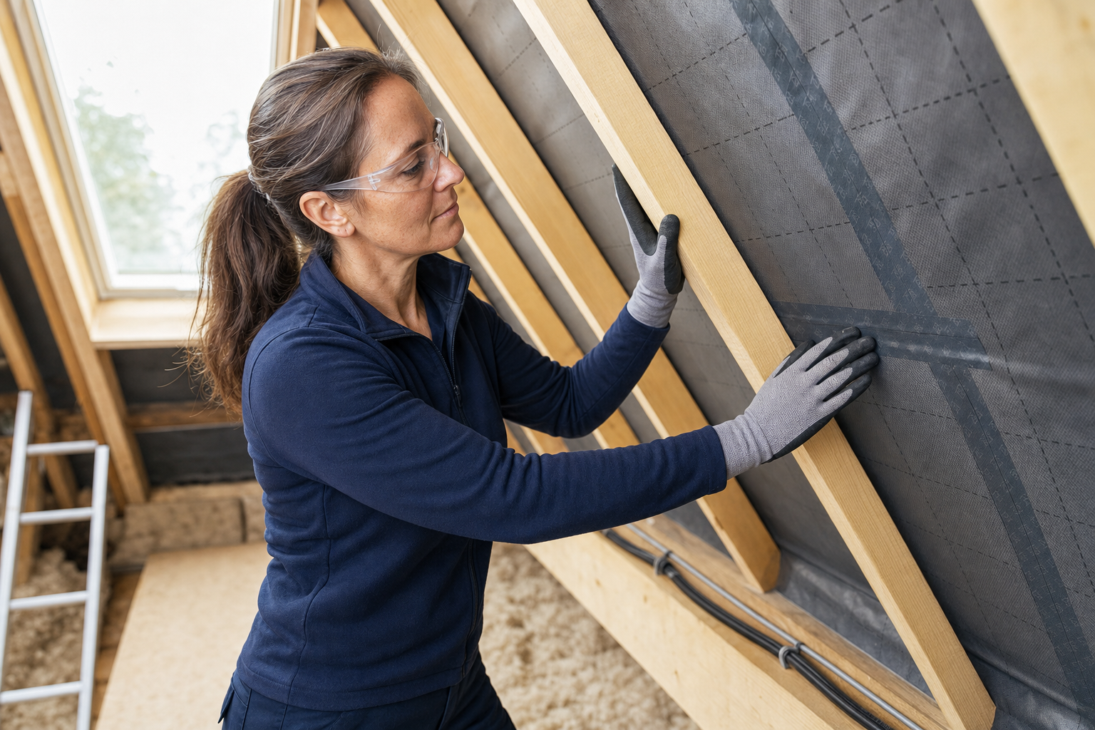 Woman wearing safety glasses and gloves inspecting insulation in an attic with angled beams.