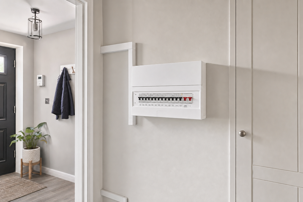 Electrical fuse box mounted on a light-coloured wall in a modern hallway with a plant and coat hooks.