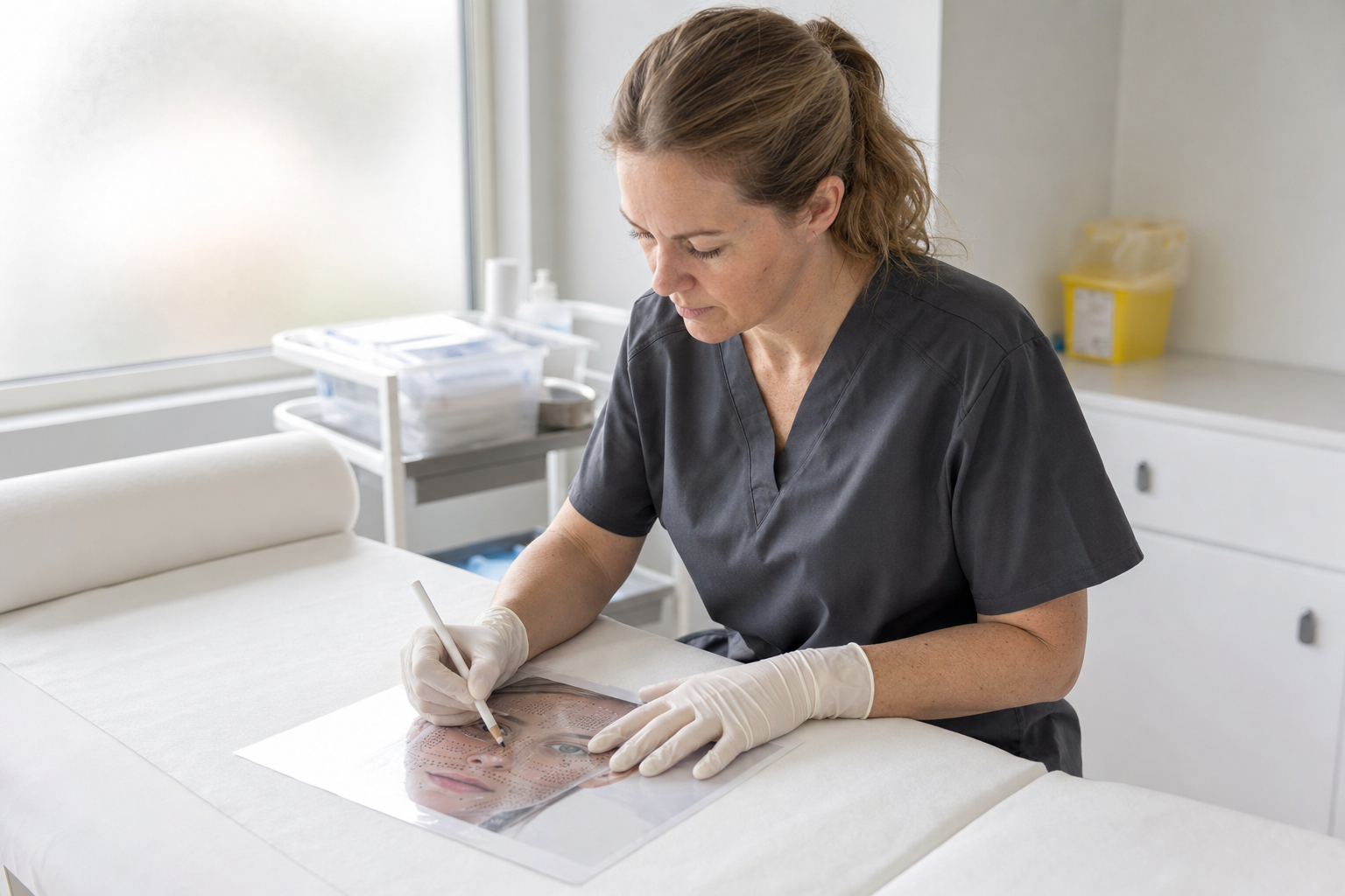A woman in scrubs and gloves sketches on a sheet with a facial image in a clinical setting.