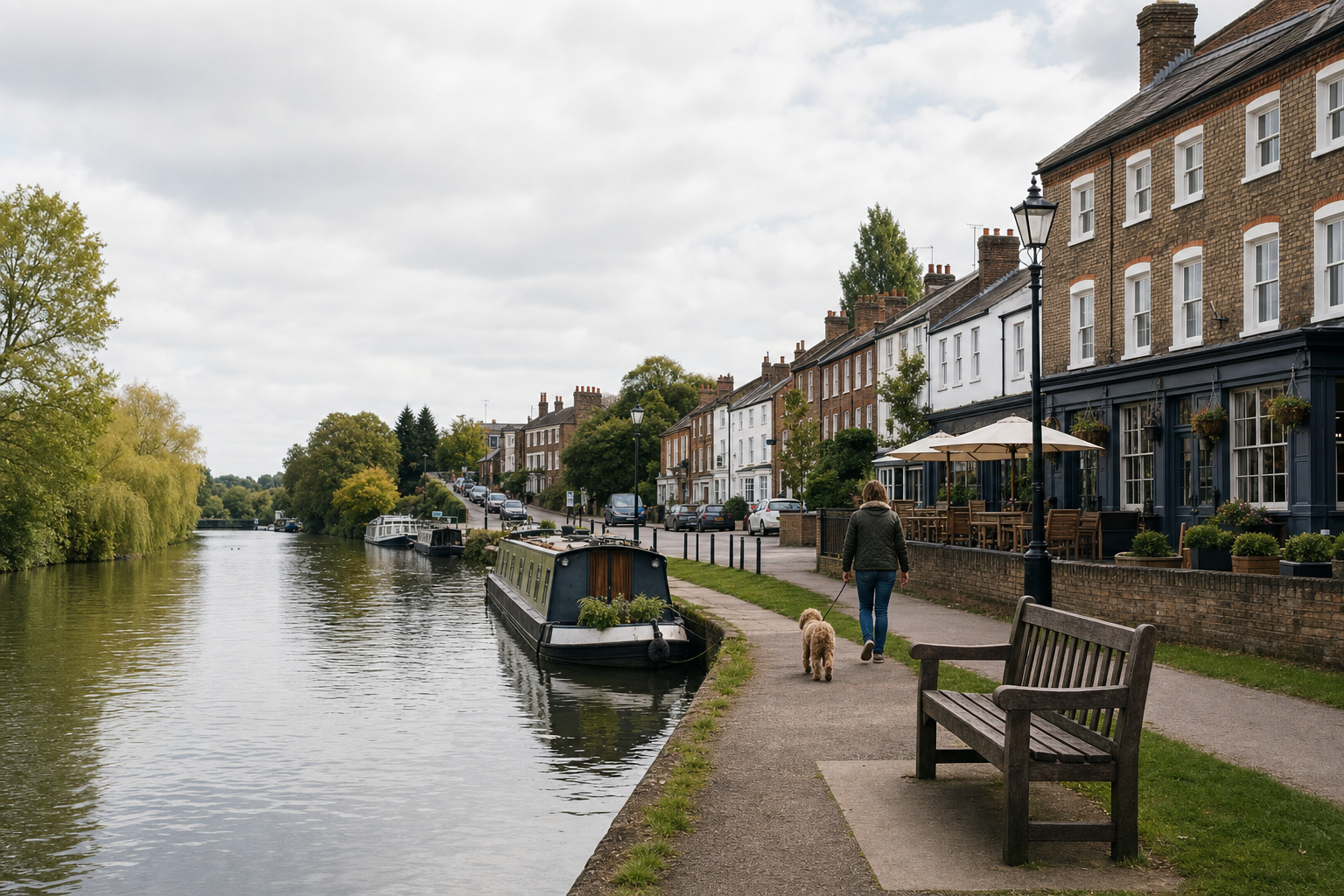 A person walks a dog along a riverside path beside a row of houses and moored boats.