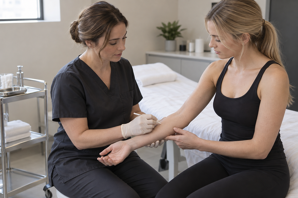 A healthcare professional administers an injection to a seated woman in a bright clinic room.